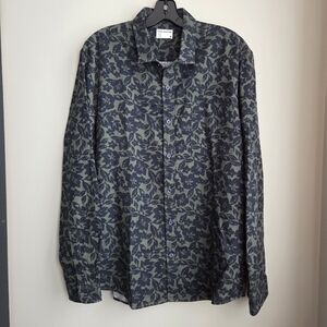 Frank And Oak Olive Green and Navy Floral EUC Button-Down Long Sleeve Shirt L